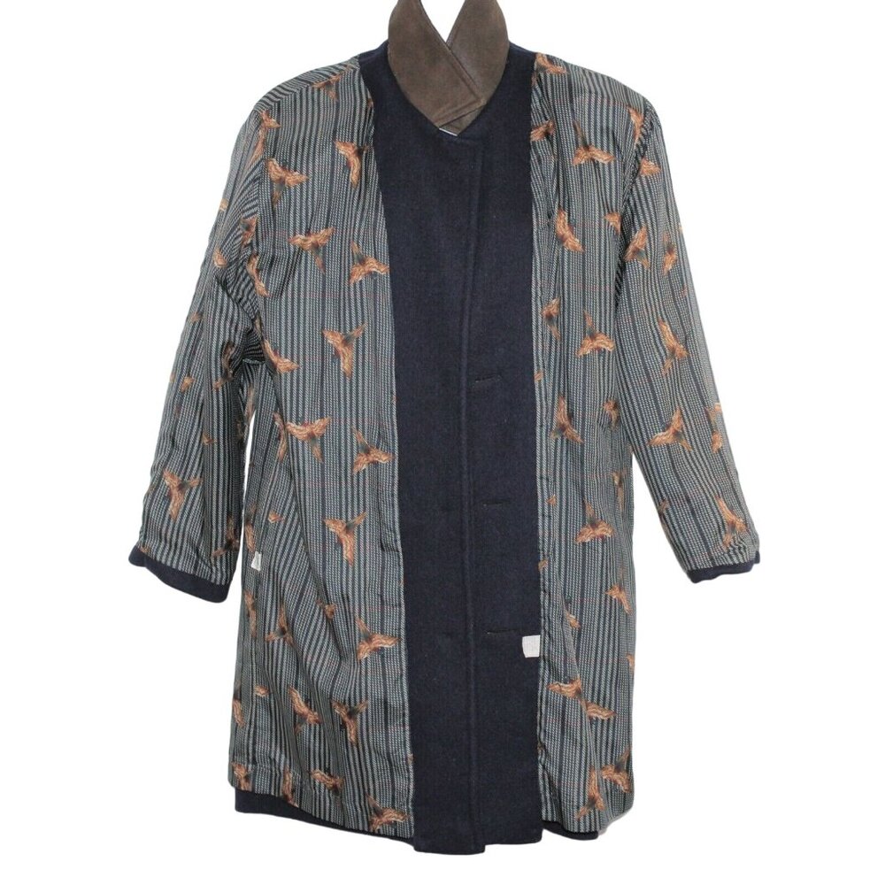 Vintage 80s JOFELD Medium Leather Trim Collar Navy Blue Wool Blend Coat USA - Picture 7 of 12